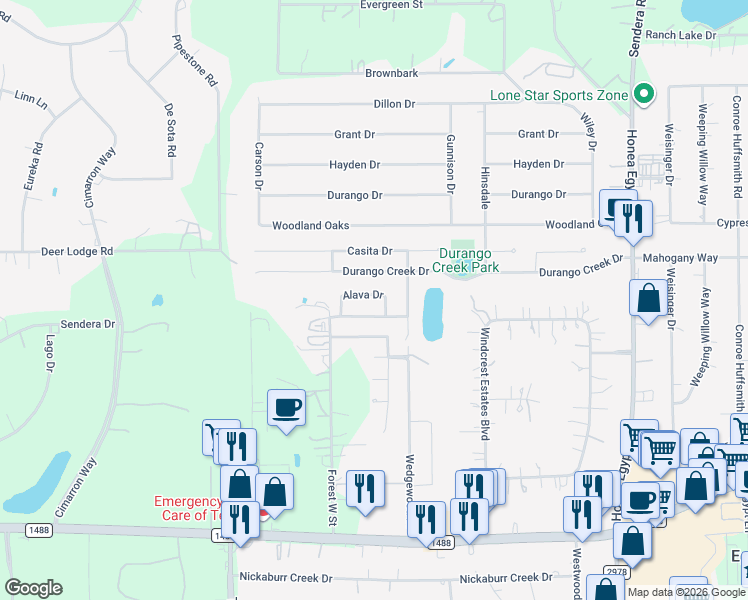 map of restaurants, bars, coffee shops, grocery stores, and more near 7215 Alava Drive in Magnolia