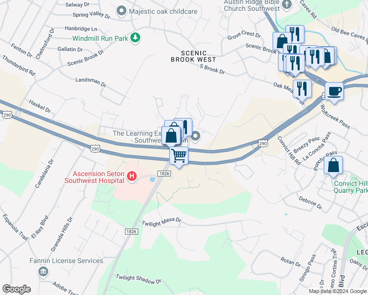 map of restaurants, bars, coffee shops, grocery stores, and more near 7826 U.S. 290 in Austin