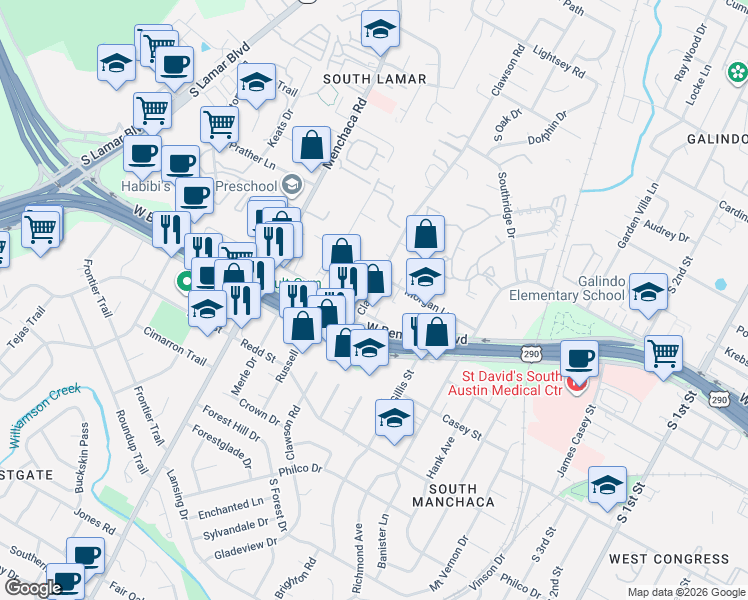 map of restaurants, bars, coffee shops, grocery stores, and more near 1606 Fort View Road in Austin