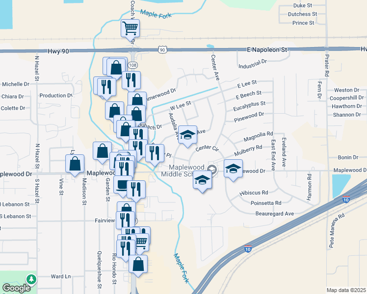 map of restaurants, bars, coffee shops, grocery stores, and more near 108 Ann Ave in Sulphur