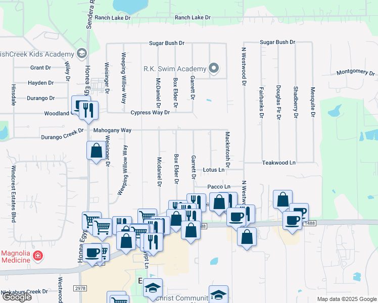 map of restaurants, bars, coffee shops, grocery stores, and more near 419 Garrett Drive in Magnolia
