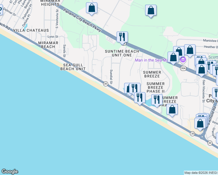 map of restaurants, bars, coffee shops, grocery stores, and more near 17551 Front Beach Road in Panama City Beach