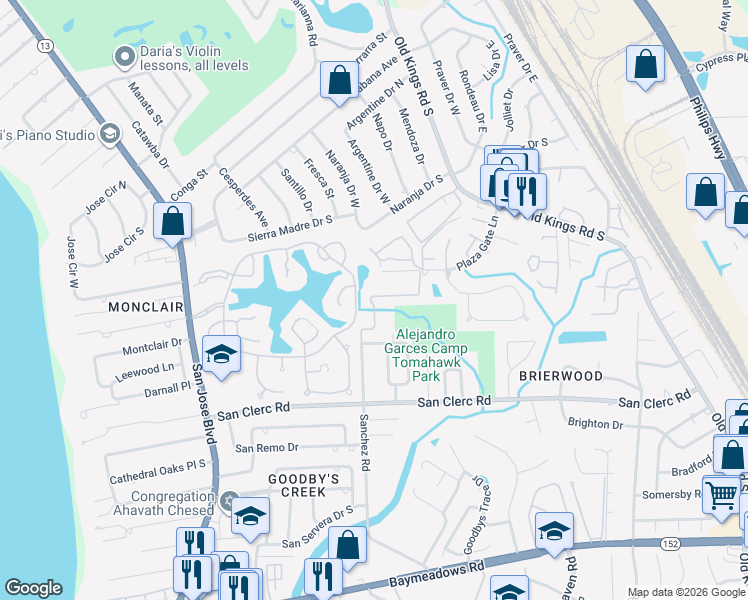 map of restaurants, bars, coffee shops, grocery stores, and more near 8169 Plaza Gate Lane South in Jacksonville