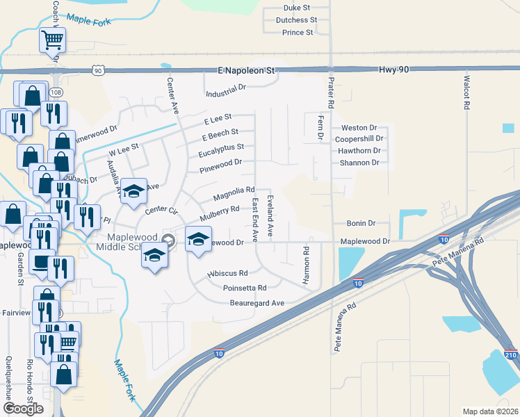 map of restaurants, bars, coffee shops, grocery stores, and more near 90 East End Avenue in Sulphur