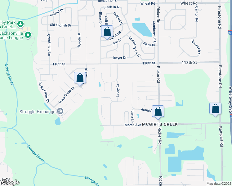 map of restaurants, bars, coffee shops, grocery stores, and more near 6547 Lacey Court in Jacksonville