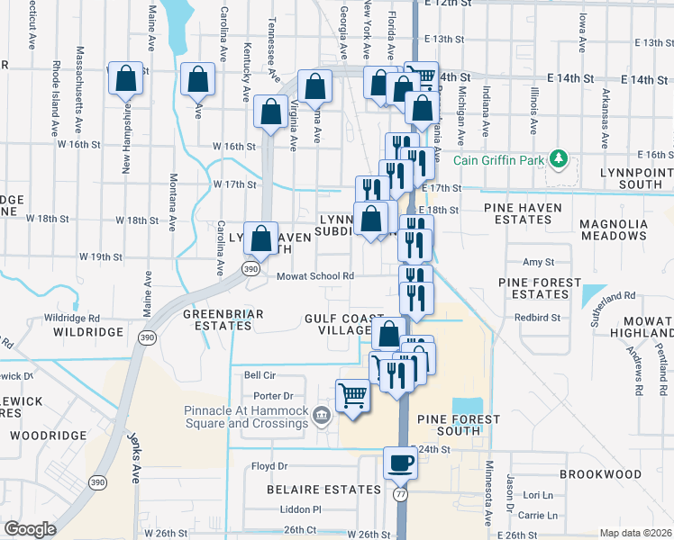 map of restaurants, bars, coffee shops, grocery stores, and more near 410 Mowat School Road in Lynn Haven