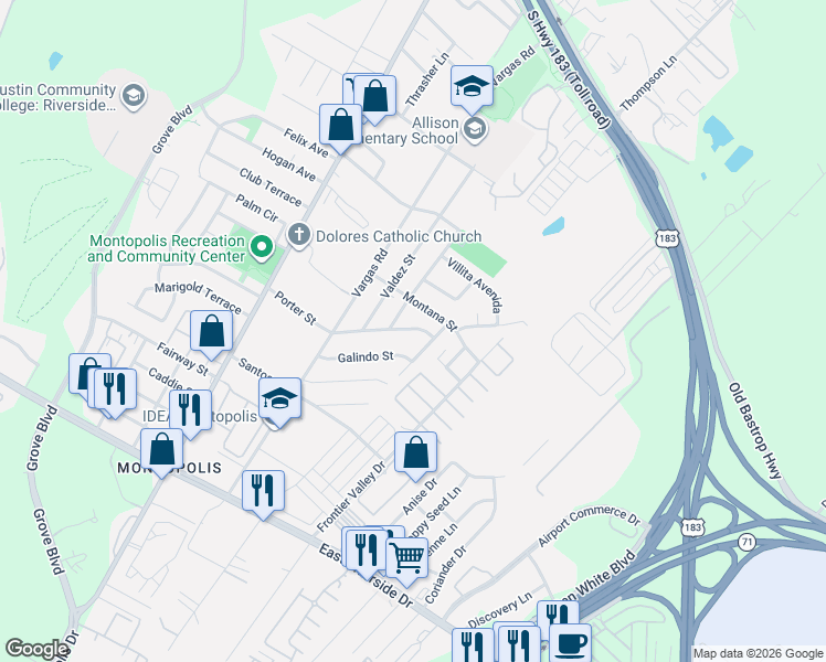 map of restaurants, bars, coffee shops, grocery stores, and more near 6815 Porter Street in Austin
