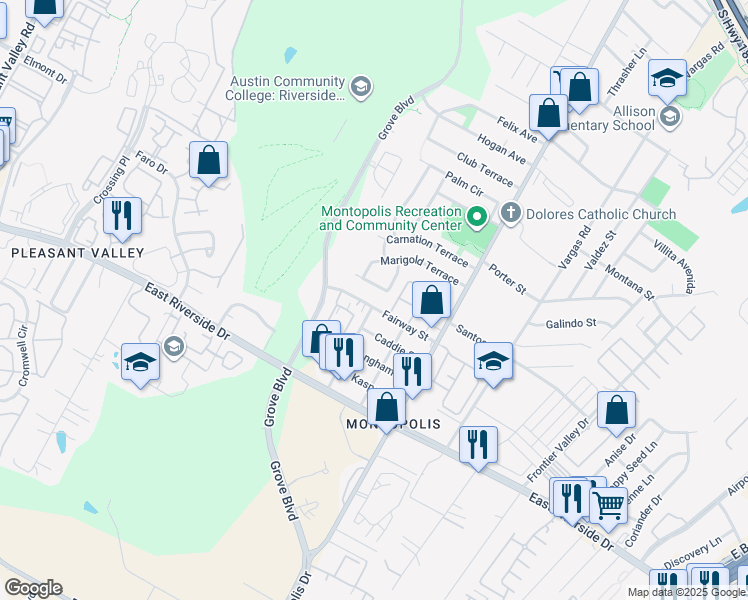 map of restaurants, bars, coffee shops, grocery stores, and more near 6100 Fairway Street in Austin