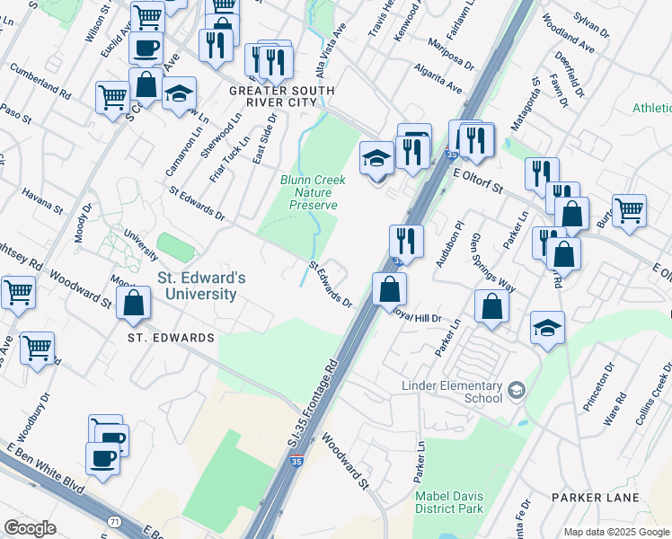 map of restaurants, bars, coffee shops, grocery stores, and more near 2715 Saint Edwards Circle in Austin