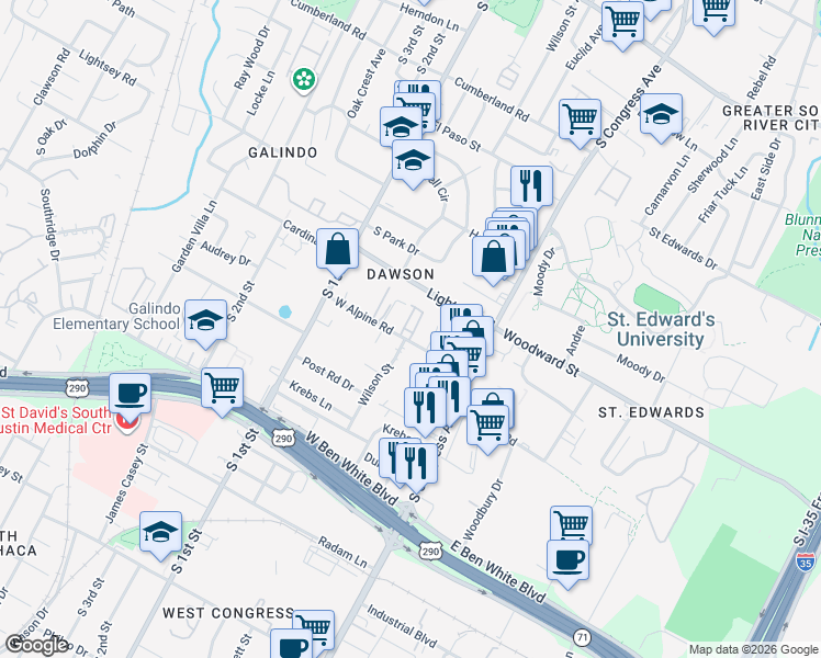 map of restaurants, bars, coffee shops, grocery stores, and more near 304 West Alpine Road in Austin