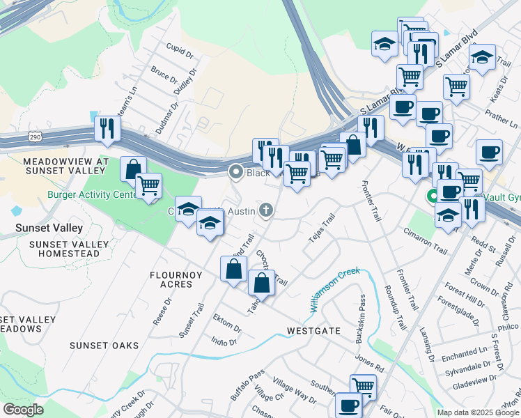 map of restaurants, bars, coffee shops, grocery stores, and more near 4638 West Gate Boulevard in Austin