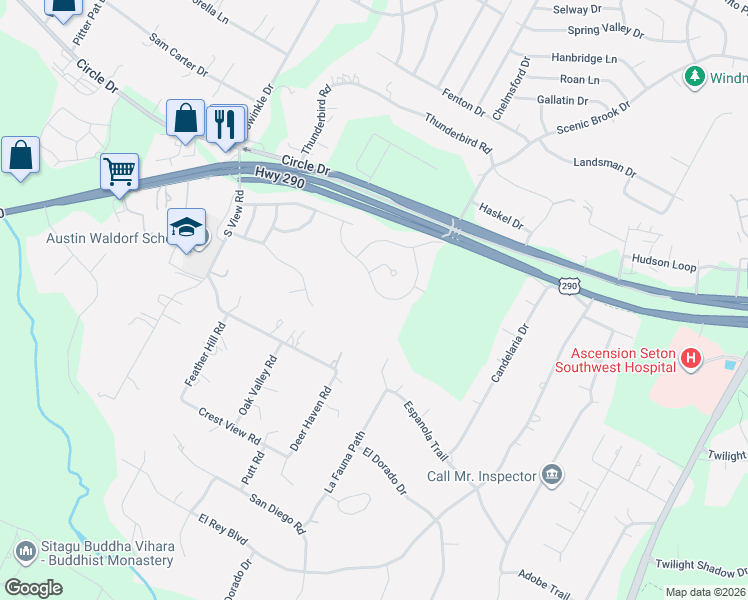 map of restaurants, bars, coffee shops, grocery stores, and more near 8409 Evelina Trail in Austin