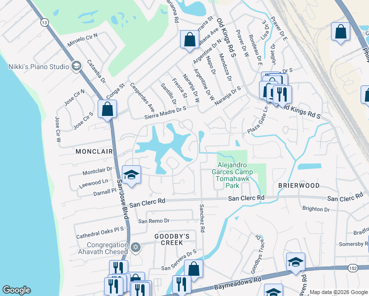 map of restaurants, bars, coffee shops, grocery stores, and more near 4143 Paloma Point Court in Jacksonville
