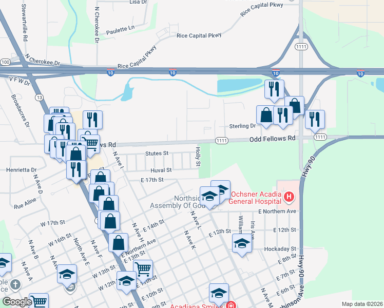 map of restaurants, bars, coffee shops, grocery stores, and more near 1828 May Street in Crowley