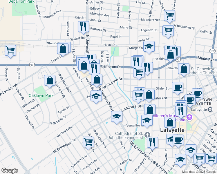 map of restaurants, bars, coffee shops, grocery stores, and more near 522 Evangeline Drive in Lafayette