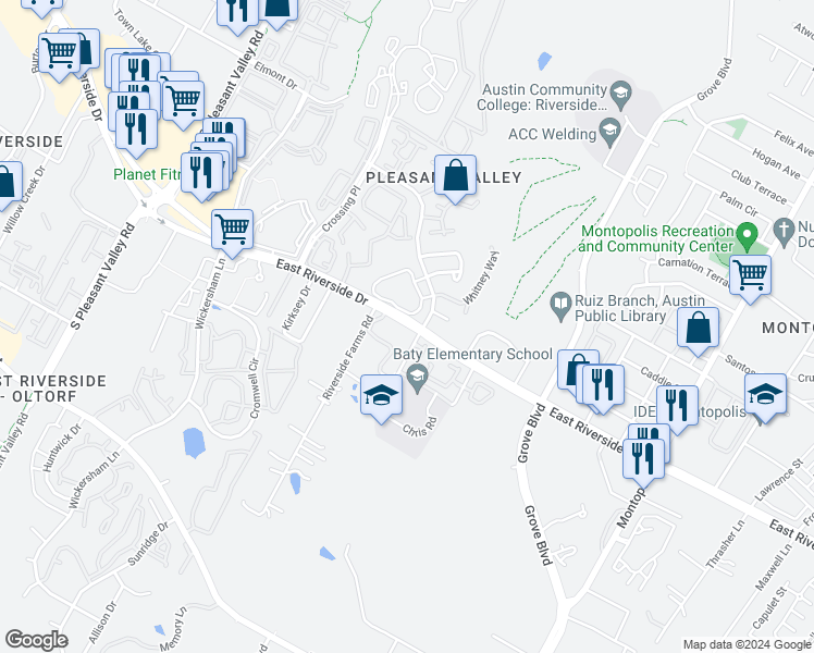 map of restaurants, bars, coffee shops, grocery stores, and more near 5307 1/2 East Riverside Drive in Austin