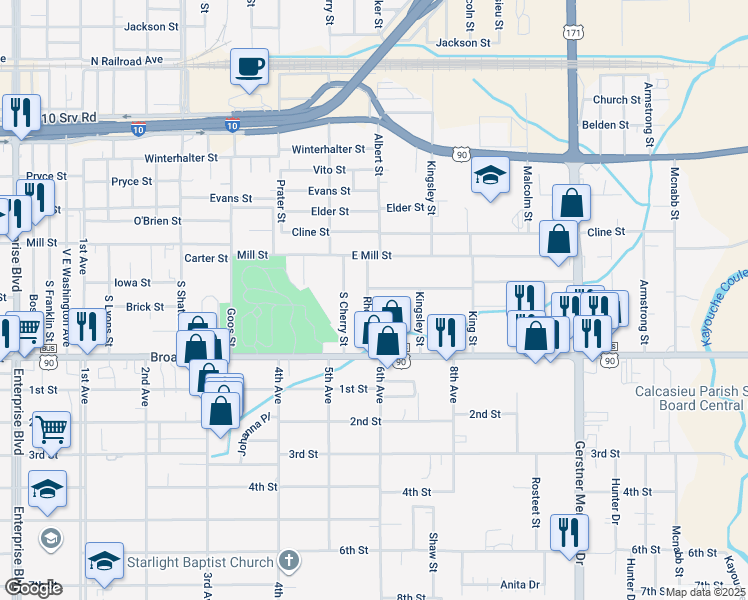 map of restaurants, bars, coffee shops, grocery stores, and more near 701 Rhodes St in Lake Charles
