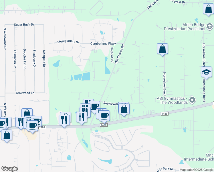 map of restaurants, bars, coffee shops, grocery stores, and more near 15833 Cambridge Court in Conroe