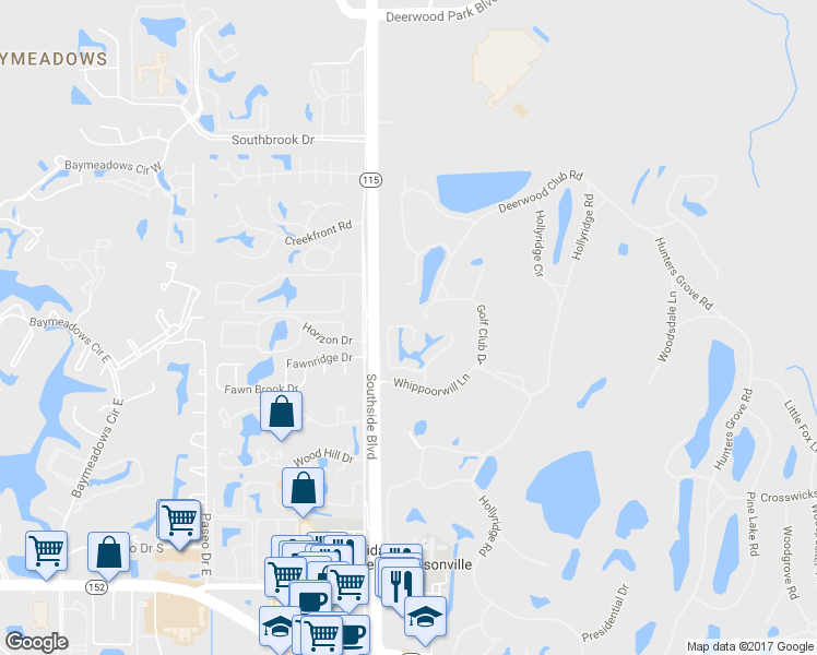 map of restaurants, bars, coffee shops, grocery stores, and more near 7723 Deerwood Point Court in Jacksonville