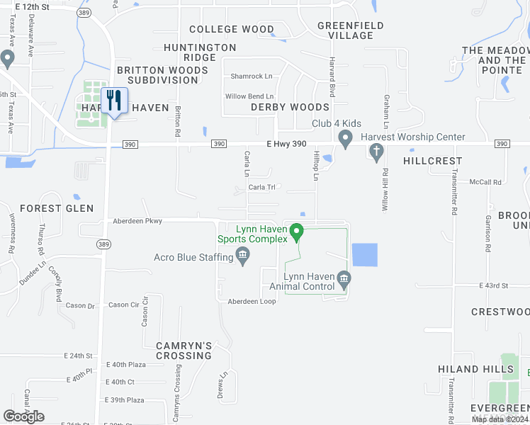 map of restaurants, bars, coffee shops, grocery stores, and more near 4502 Carla Lane in Panama City