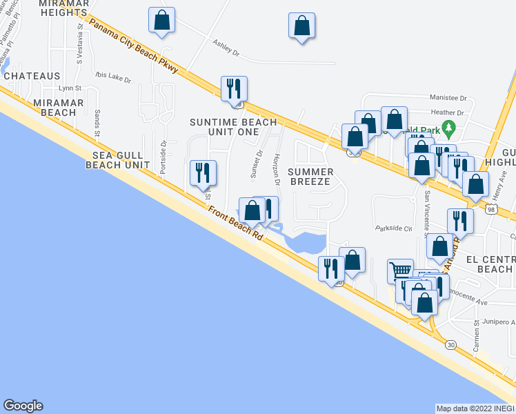 map of restaurants, bars, coffee shops, grocery stores, and more near 102 Sunset Drive in Panama City Beach
