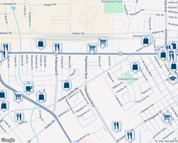 map of restaurants, bars, coffee shops, grocery stores, and more near 816 Cajundome Boulevard in Lafayette