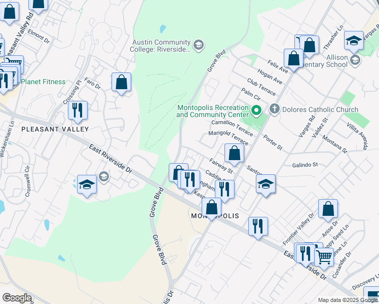 map of restaurants, bars, coffee shops, grocery stores, and more near 6001 Fairway Street in Austin