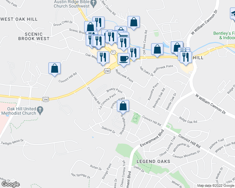 map of restaurants, bars, coffee shops, grocery stores, and more near 6803 La Concha Pass in Austin
