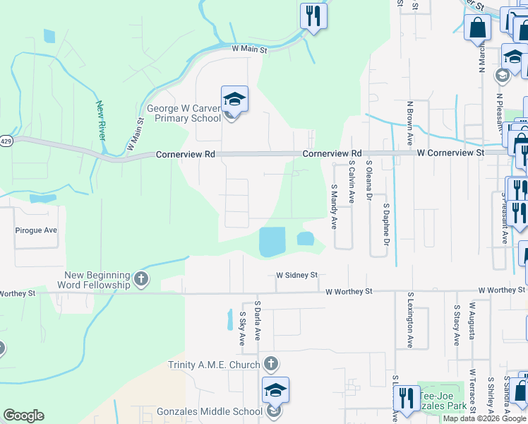 map of restaurants, bars, coffee shops, grocery stores, and more near 40010 Farm Road in Gonzales