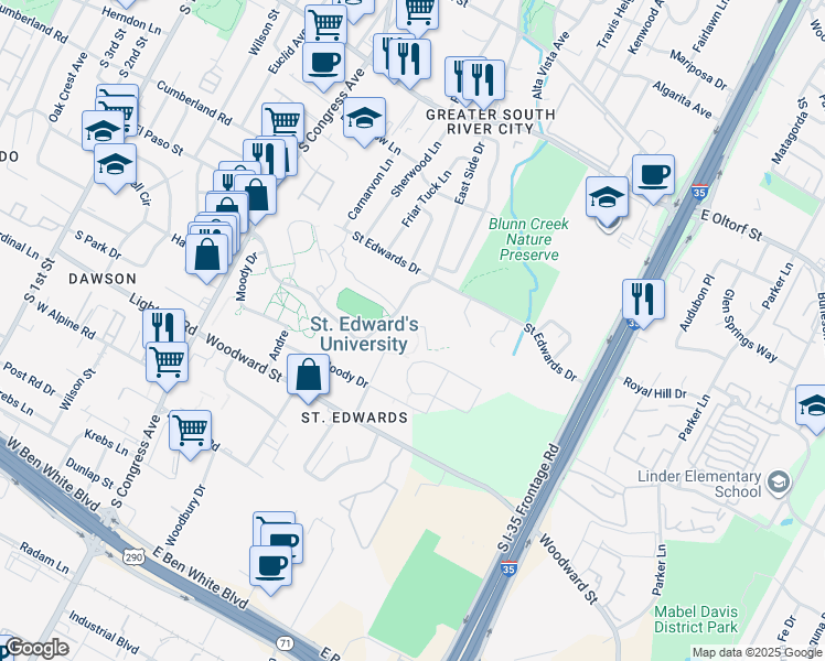 map of restaurants, bars, coffee shops, grocery stores, and more near 3001 South Congress Avenue in Austin