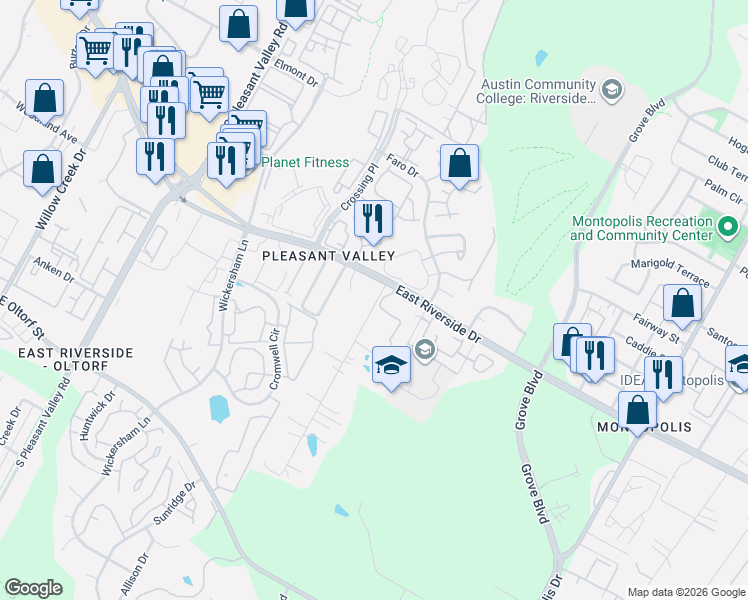 map of restaurants, bars, coffee shops, grocery stores, and more near 5201 East Riverside Drive in Austin