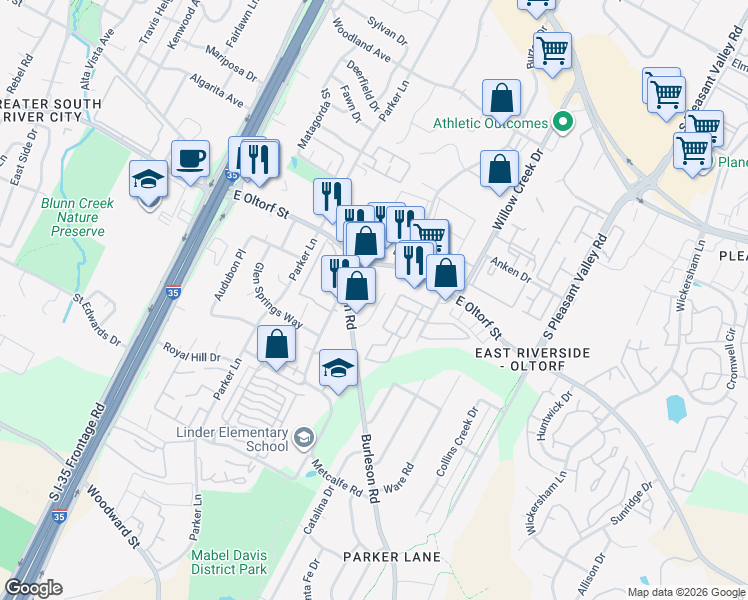 map of restaurants, bars, coffee shops, grocery stores, and more near 2409 Burleson Court in Austin