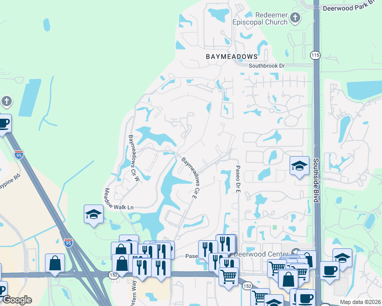 map of restaurants, bars, coffee shops, grocery stores, and more near 7771 Legacy Trail in Jacksonville