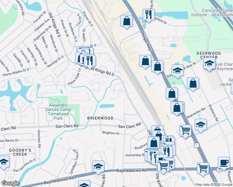 map of restaurants, bars, coffee shops, grocery stores, and more near 4939 Kingsmeadow Lane in Jacksonville