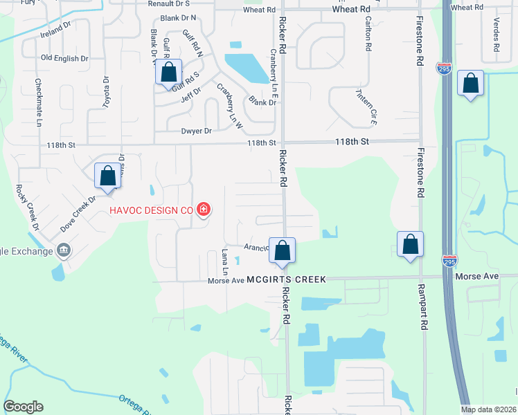 map of restaurants, bars, coffee shops, grocery stores, and more near 7636 Del Road in Jacksonville
