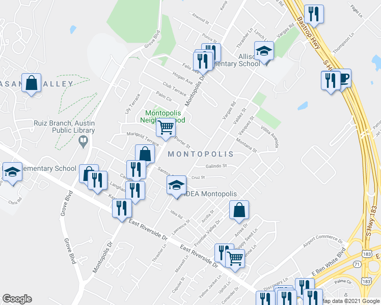 map of restaurants, bars, coffee shops, grocery stores, and more near 6505 Porter Street in Austin