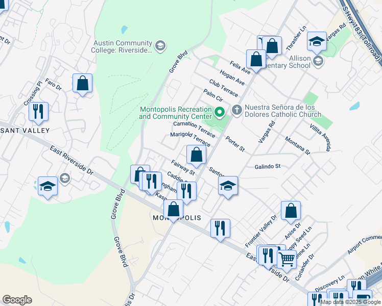 map of restaurants, bars, coffee shops, grocery stores, and more near 6118 Fairway Street in Austin