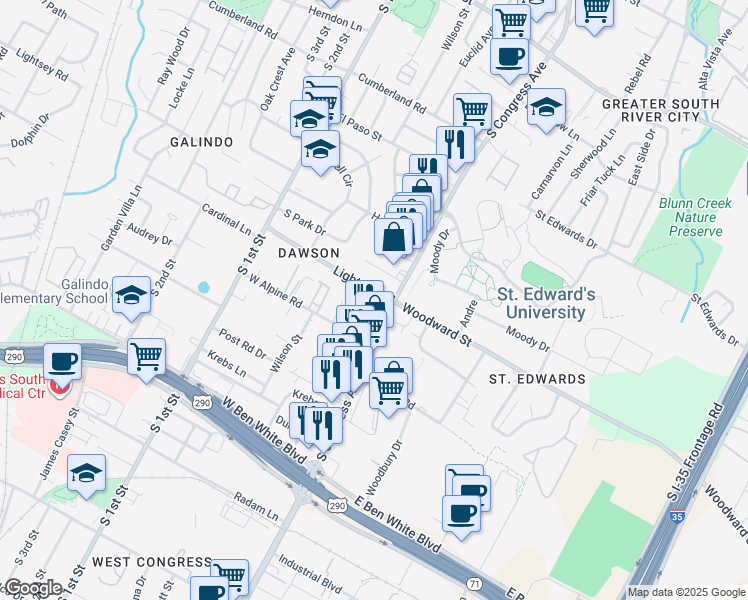 map of restaurants, bars, coffee shops, grocery stores, and more near 3400 South Congress Avenue in Austin