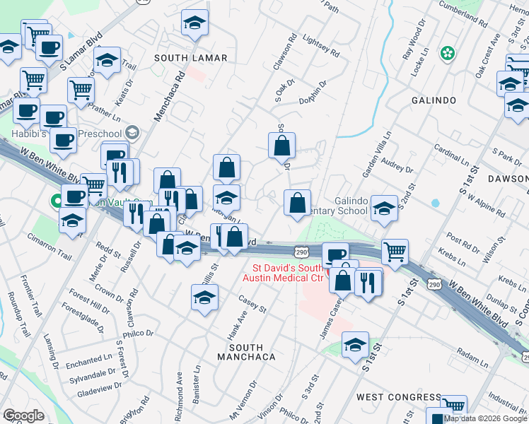 map of restaurants, bars, coffee shops, grocery stores, and more near 4010 Banister Lane in Austin