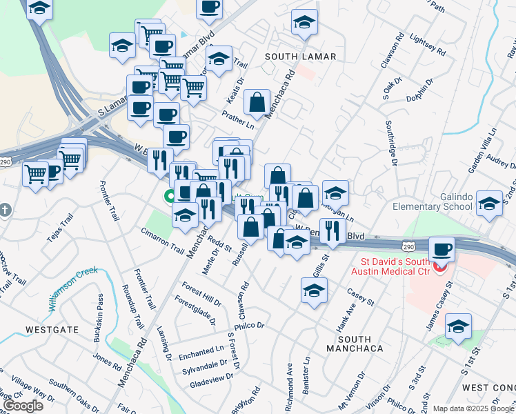 map of restaurants, bars, coffee shops, grocery stores, and more near 1807 Fort View Road in Austin