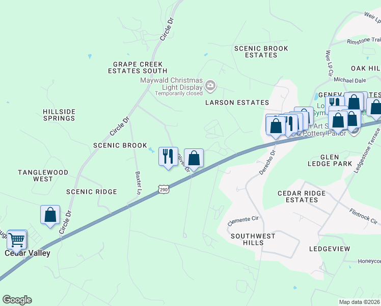 map of restaurants, bars, coffee shops, grocery stores, and more near 9919 Oliver Drive in Austin