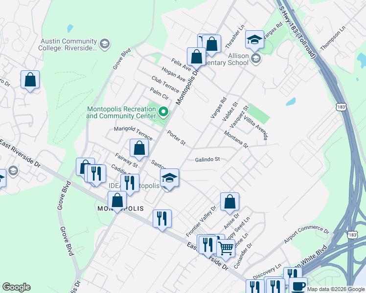 map of restaurants, bars, coffee shops, grocery stores, and more near 6505 Porter Street in Austin