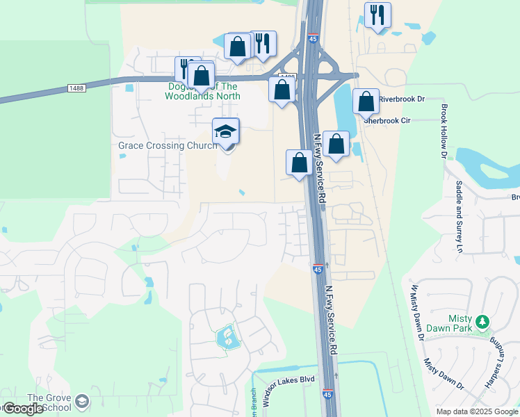 map of restaurants, bars, coffee shops, grocery stores, and more near 15610 Guinn Road in Conroe