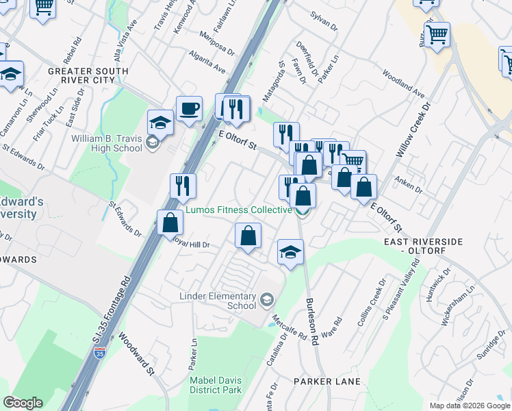 map of restaurants, bars, coffee shops, grocery stores, and more near 2505 Parker Lane in Austin