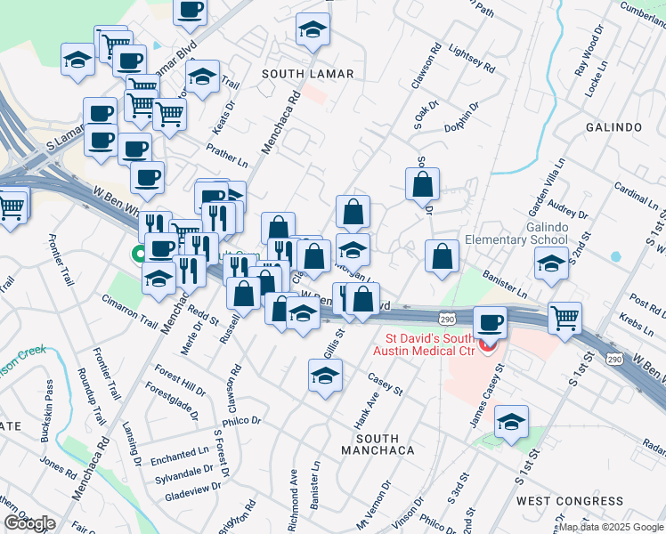 map of restaurants, bars, coffee shops, grocery stores, and more near 1603 Morgan Lane in Austin