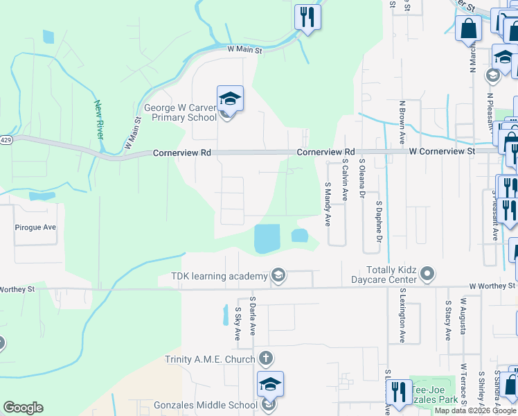 map of restaurants, bars, coffee shops, grocery stores, and more near 40010 Farm Road in Gonzales
