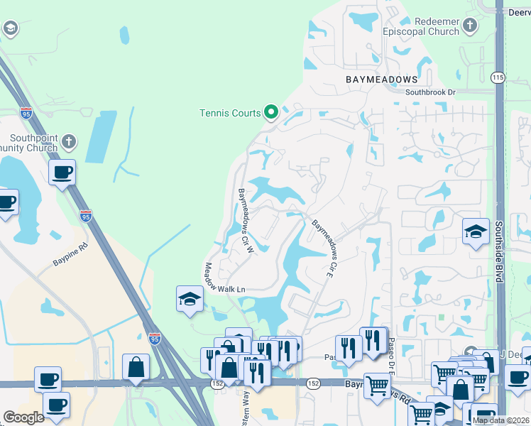 map of restaurants, bars, coffee shops, grocery stores, and more near 7863 La Sierra Court in Jacksonville