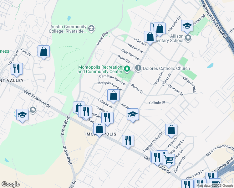 map of restaurants, bars, coffee shops, grocery stores, and more near 6118 Fairway Street in Austin