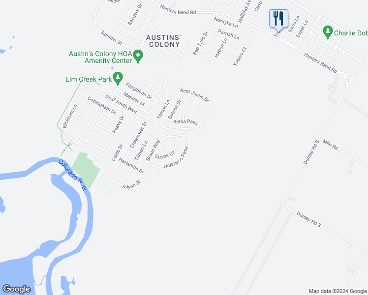 map of restaurants, bars, coffee shops, grocery stores, and more near 15216 Harkness Pass in Austin