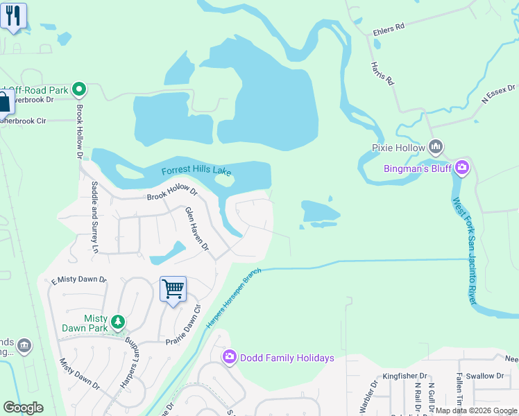 map of restaurants, bars, coffee shops, grocery stores, and more near 813 Glen Hollow Court in Conroe